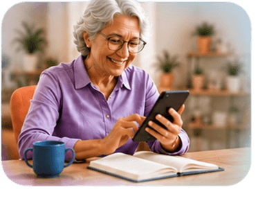 Senhora usando o tablet ao lado de um livro