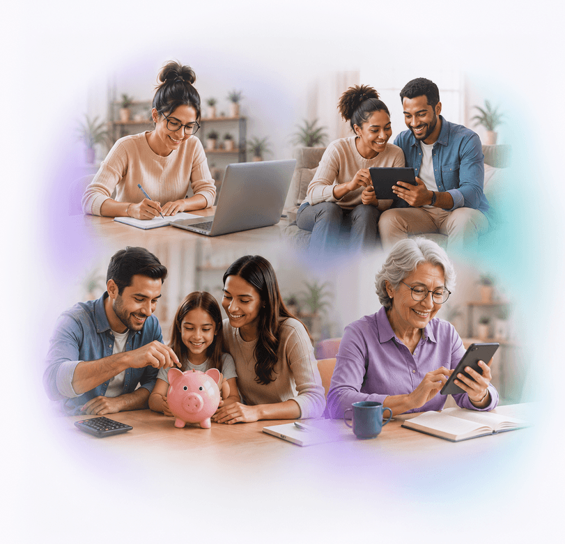 Pessoas em diferentes fases da vida organizando suas finanças e planejando o futuro