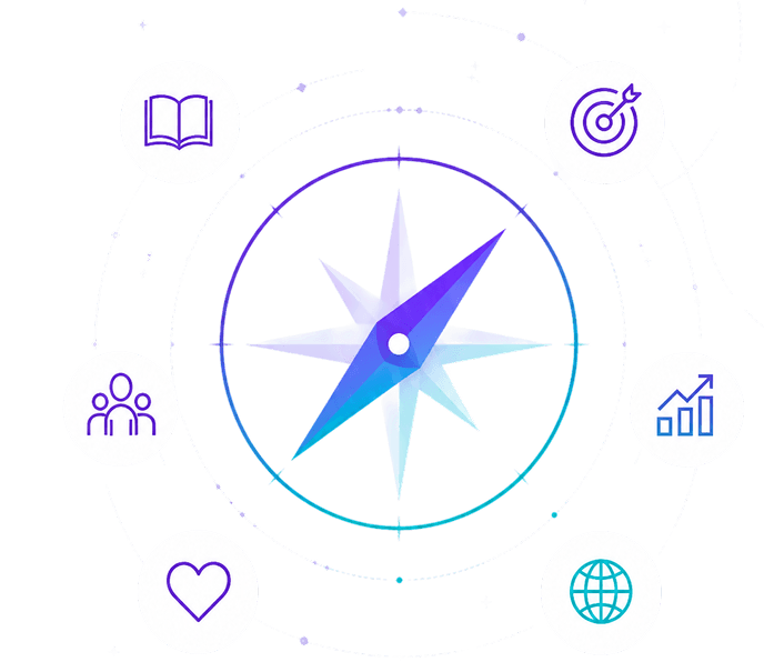 Ilustração de uma bússola cercada por ícones de livro, alvo, pessoas, gráfico, coração e globo, representando os pilares do Sim Planejar.
