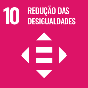 Logotipo do ODS 10: Redução das Desigualdades. Quadrado magenta com o número 10 e o sinal de igualdade dentro de um círculo.
