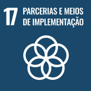 Logotipo do ODS 17: Parcerias e Meios de Implementação. Quadrado azul-escuro com o número 17 e cinco círculos coloridos interligados.