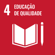 Logotipo do ODS 4: Educação de Qualidade. Quadrado vermelho com o número 4 e um livro aberto branco com uma caneta.