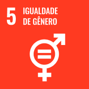 Logotipo do ODS 5: Igualdade de Gênero. Quadrado vermelho-alaranjado com o número 5 e o símbolo do gênero feminino com um sinal de igual no centro.