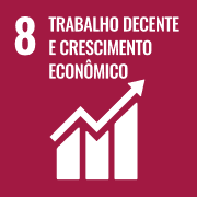 Logotipo do ODS 8: Trabalho Decente e Crescimento Econômico. Quadrado bordô com o número 8 e um gráfico de linha em ascensão com seta para cima.