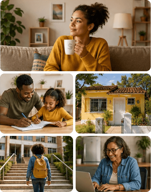 Mosaico com imagens de conquistas e momentos em família: mulher tomando café, pai estudando com a filha, casa própria amarela, estudante com mochila e mulher trabalhando no notebook.